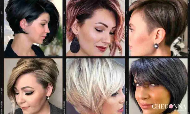 Sei donne con un paffuto taglio capelli viso tondo, sfoggiano pixie cut e bob asimmetrici in varie tonalità.