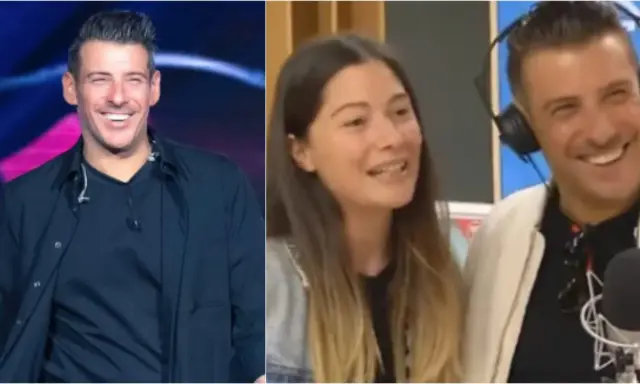 Francesco Gabbani sorride sul palco, mentre a destra è con la sua fidanzata in radio, entrambi felici.