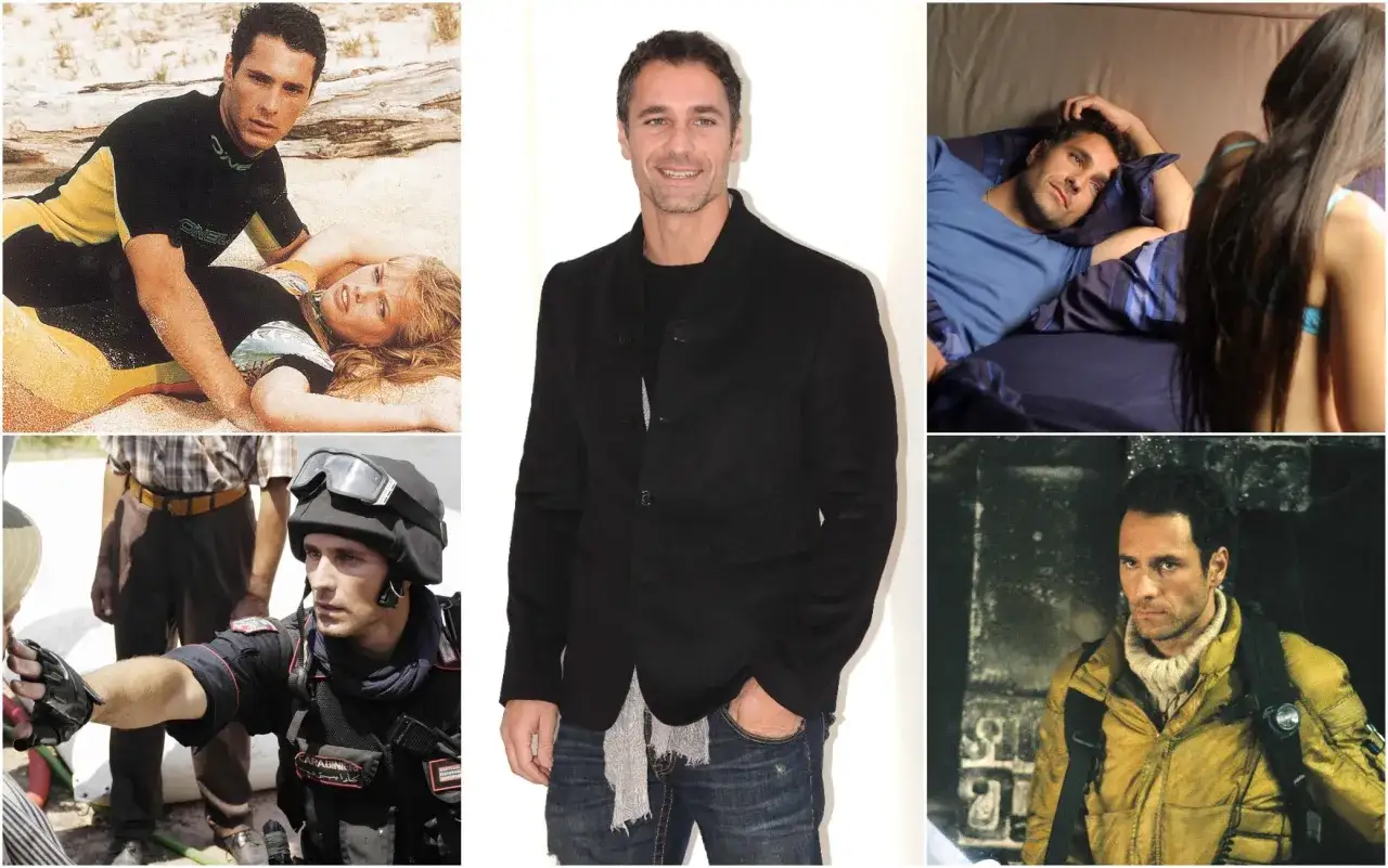 Collage di scene dai film e programmi TV di Raoul Bova: in costume da bagno, in letto, in divisa da carabiniere e in abiti da avventura.