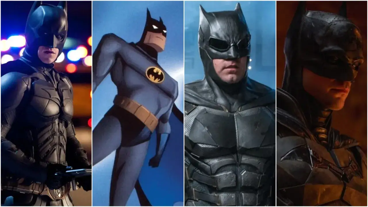 Quattro versioni di Batman: Christian Bale, Batman animato, Ben Affleck e Robert Pattinson. Chi ha interpretato Batman?