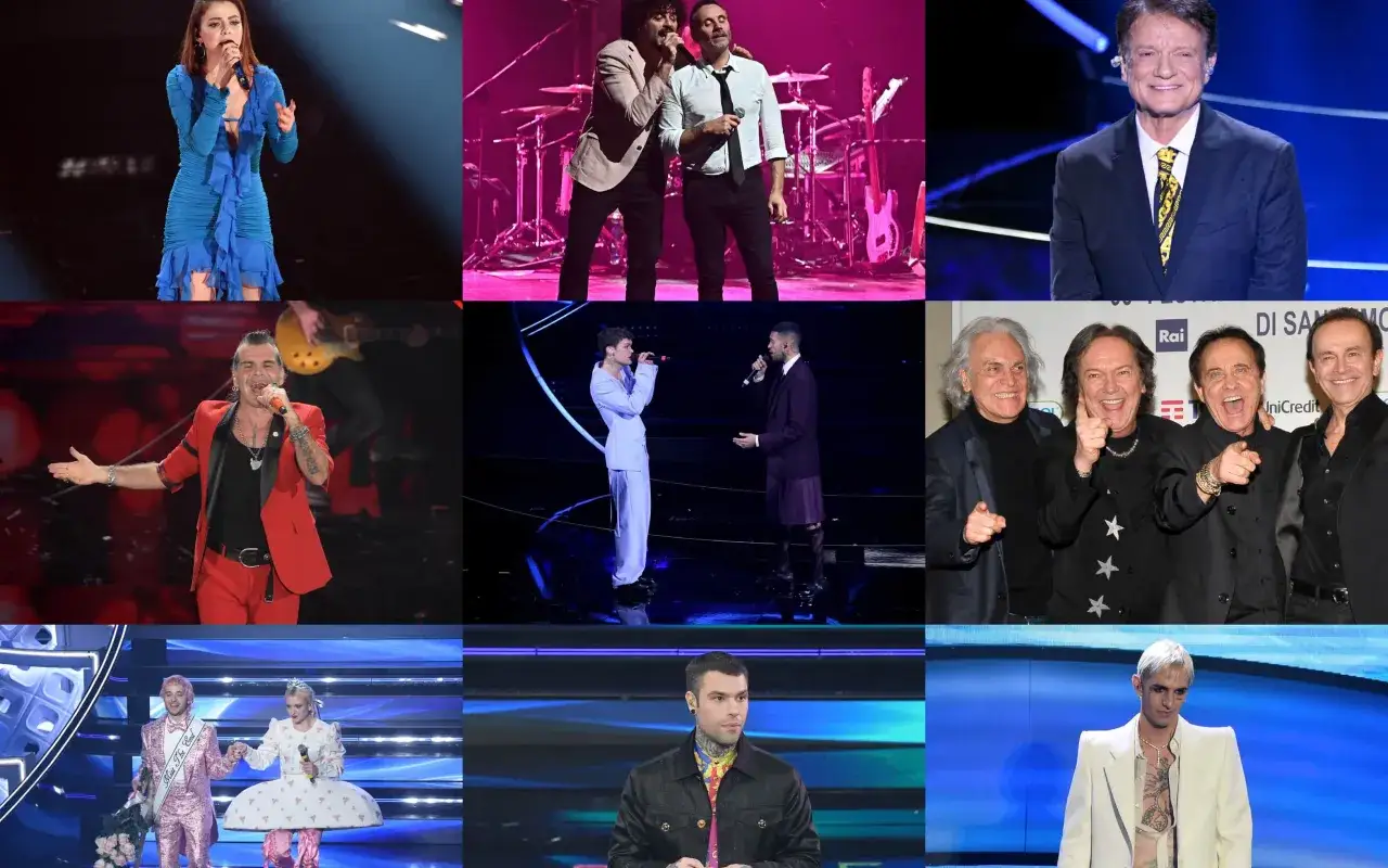 Artisti sul palco e presentatori: un collage che riassume la scaletta Sanremo prima serata, tra performance musicali e volti noti.