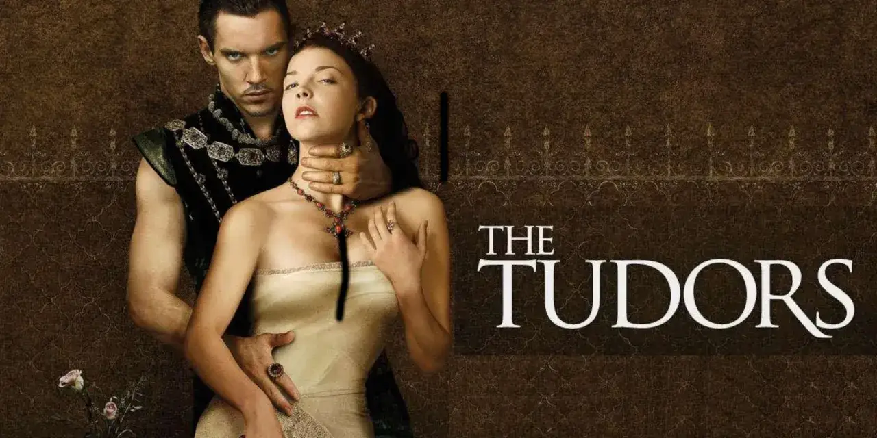 Il cast di I Tudors: Enrico VIII con la mano sul collo di Anna Bolena, in un'immagine promozionale della serie.