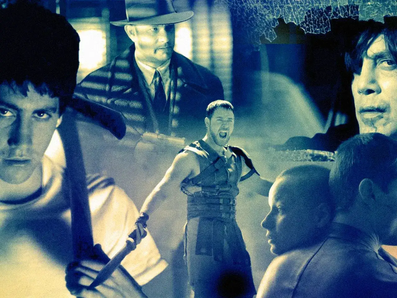 Collage di film anni 2000: Russell Crowe in armatura, Tom Hanks in abito elegante, e altri volti iconici.