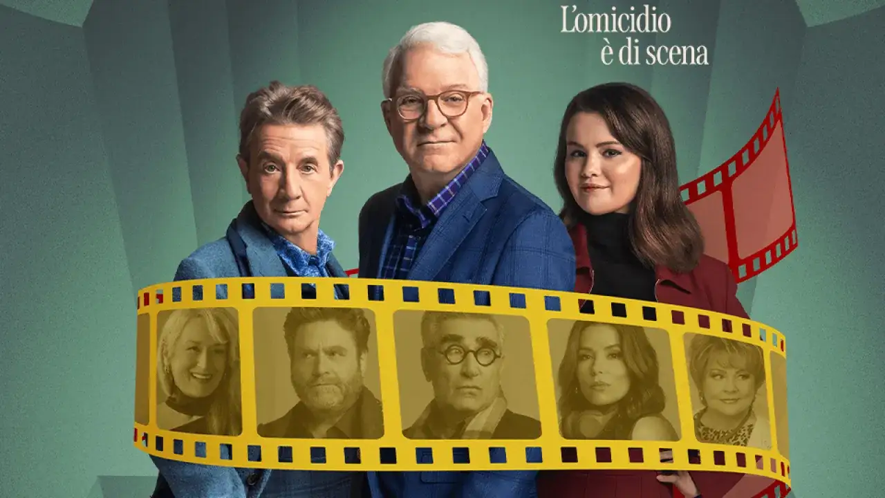 I protagonisti di Only Murders in the Building 4, tra cui Steve Martin, Martin Short e Selena Gomez, sono ritratti in un poster cinematografico con immagini di altri attori in una pellicola.