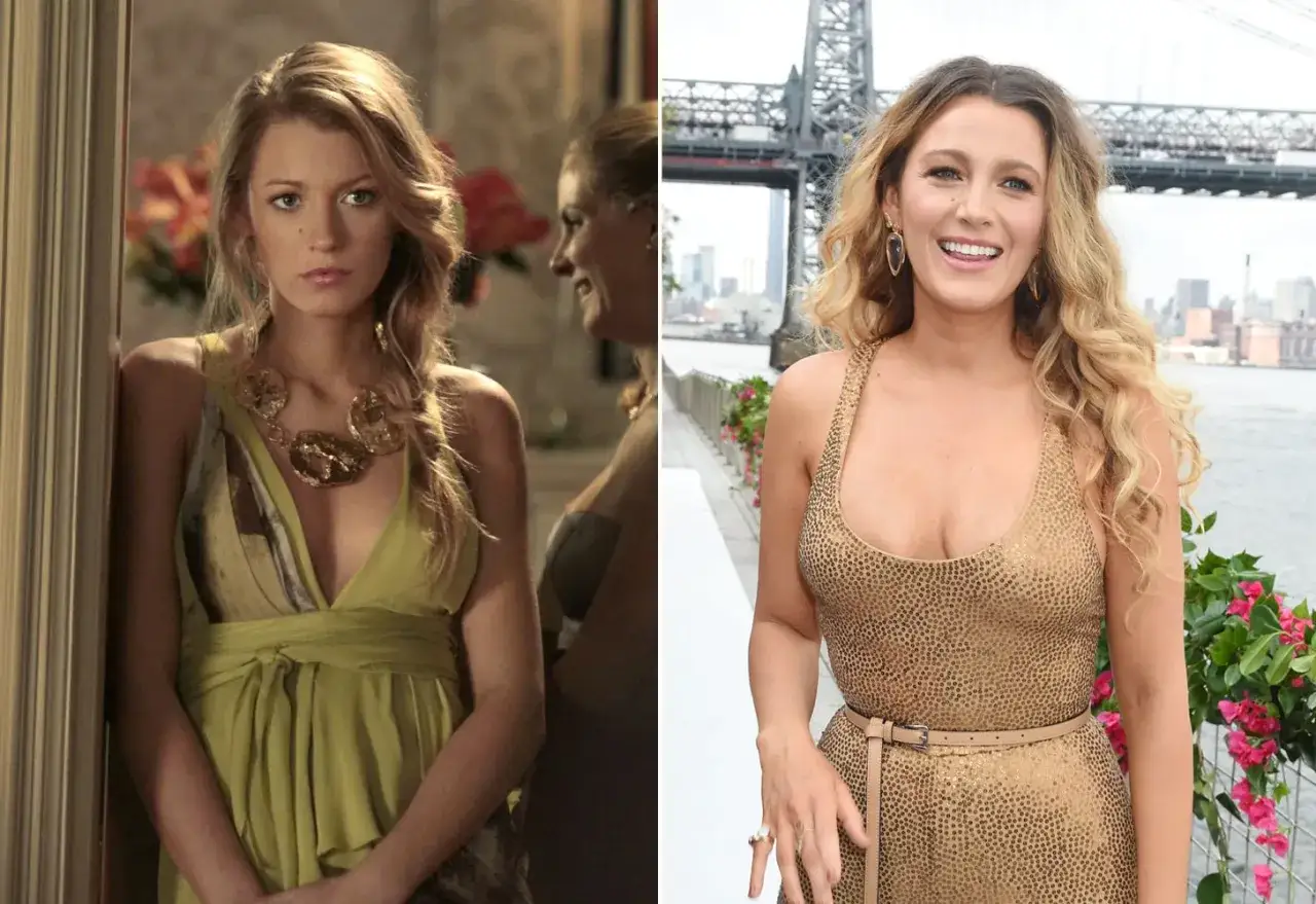 Blake Lively, icona del cast di Gossip Girl, in due momenti: da giovane con abito verde e collana vistosa, e oggi radiosa in oro.