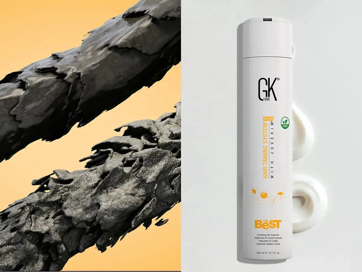 Capelli rovinati dopo trattamento cheratina, secchi e fragili, accanto a un flacone di GK Hair.