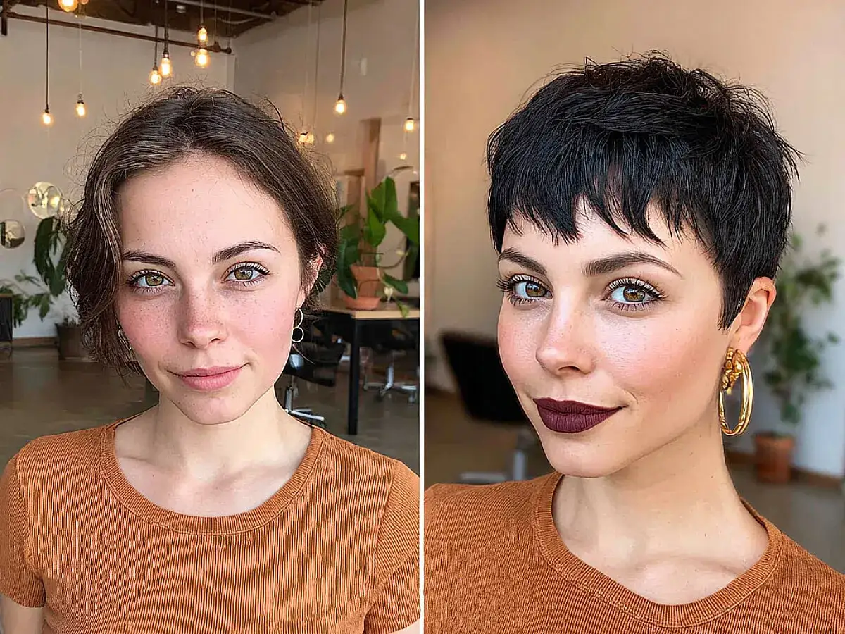 Prima e dopo: capelli cortissimi 2026 donna con taglio pixie audace e scuro, che esalta gli occhi verdi.