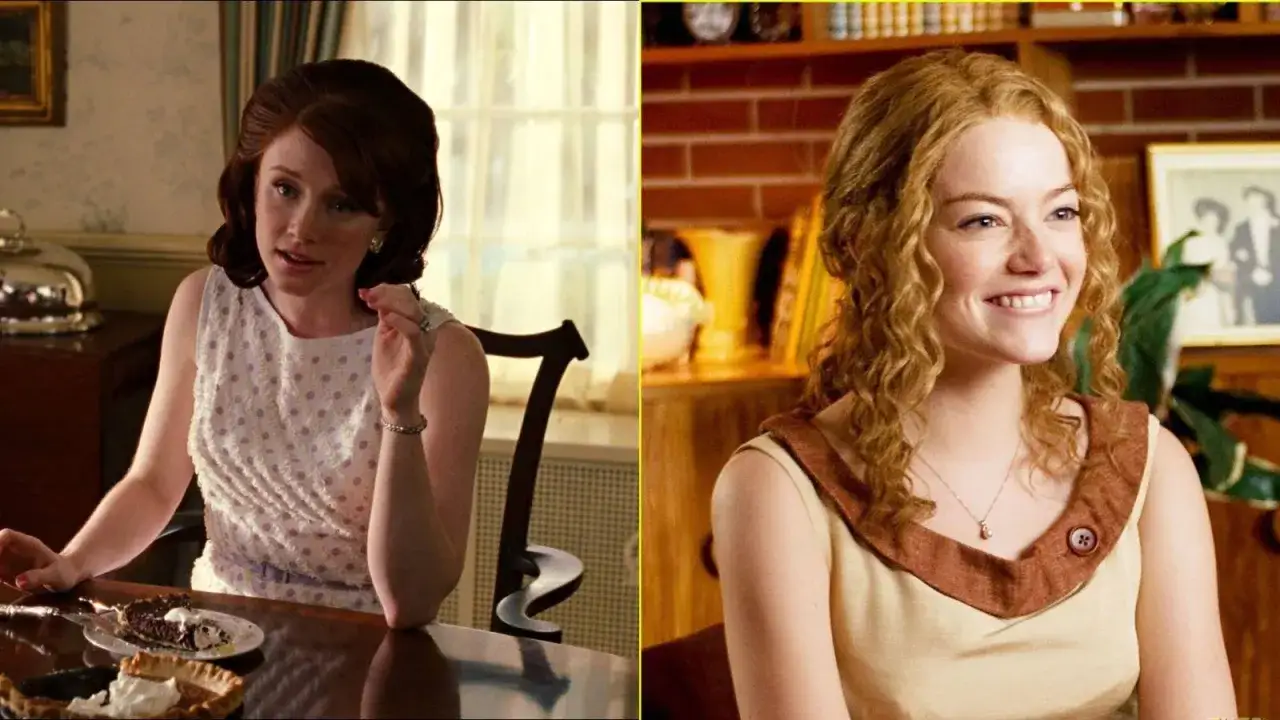 Il cast di The Help: Bryce Dallas Howard con una torta e Emma Stone sorridente.