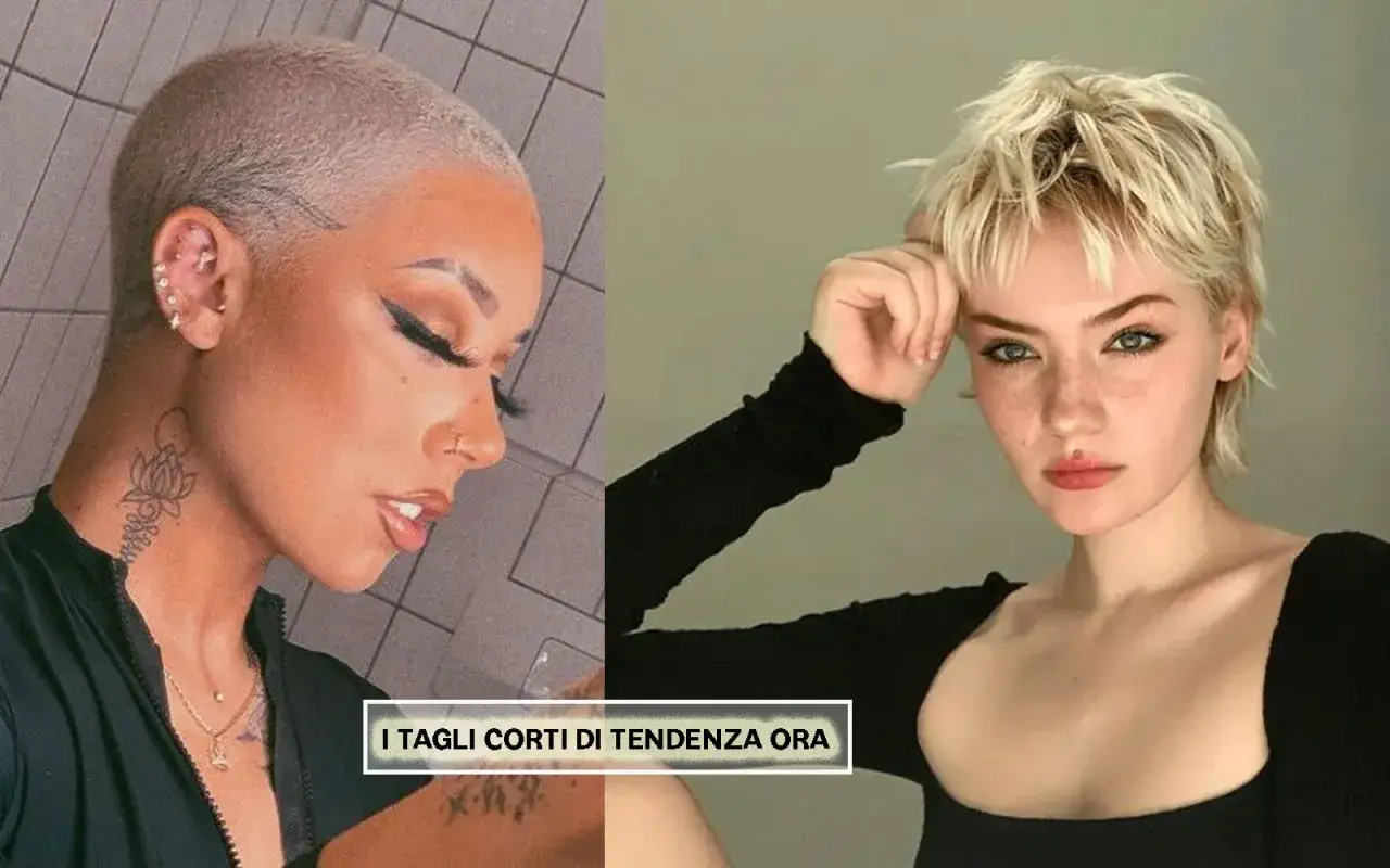 Due donne con tagli di capelli cortissimi: una con un audace buzz cut e tatuaggi, l'altra con un pixie cut sbarazzino.