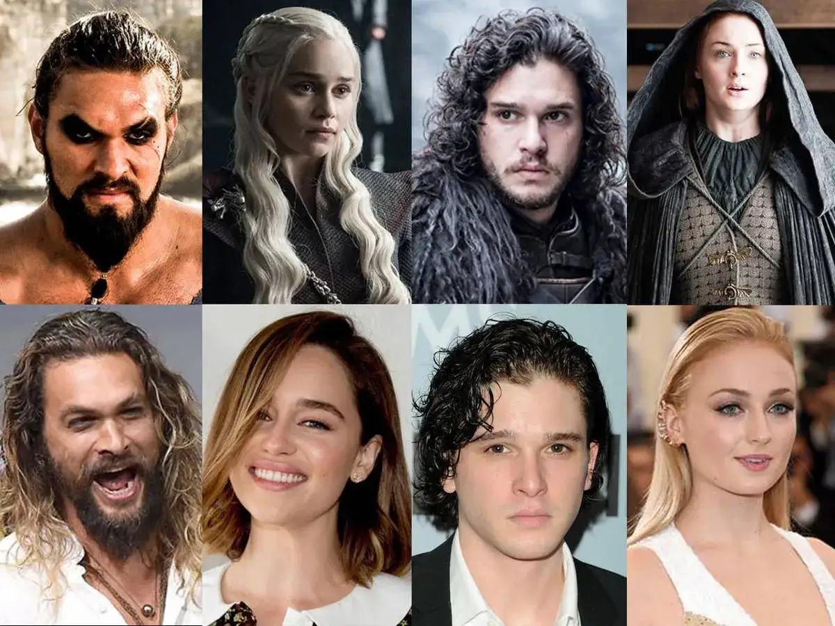 Il cast di Il Trono di Spade: Khal Drogo, Daenerys Targaryen, Jon Snow e Sansa Stark, con versioni più recenti di Khal Drogo, Emilia Clarke, Kit Harington e Sophie Turner.