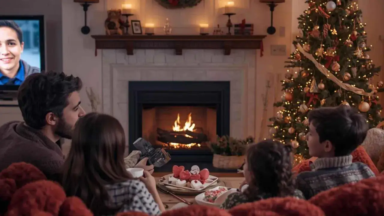 Famiglia riunita davanti al camino acceso e all'albero di Natale per guardare un film di Natale.