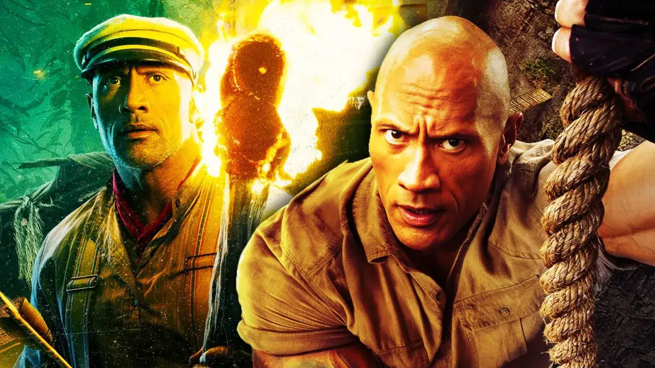 Dwayne Johnson in un film d'avventura nella giungla, con una torcia accesa e una corda in mano.